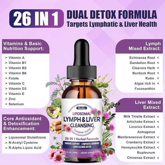 Liposomal Lymphatic Drainage Drops, 26 in 1 Liver Cleanse Detox & Repair with Milk Thistle, Echinacea, Glutathione, Vitamins, Lymph-Liver Cleanse, Gut & Metabolic Health - Strawberry Flavor, 4 Fl Oz