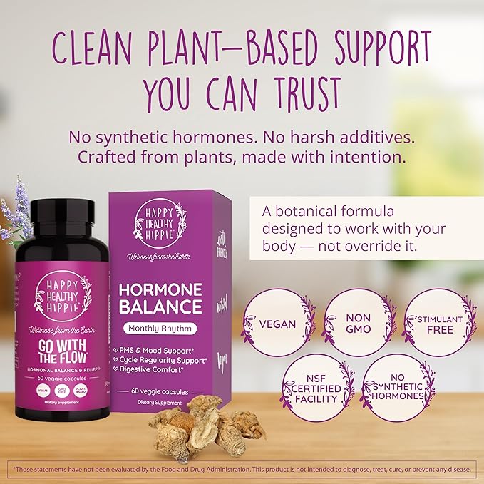Happy Healthy Hippie Hormone Balance for Women — PMS Support & PMDD, Mood, Cycle Regularity — Chasteberry Supplements with Maca, Dong Quai, Black Cohosh — Vegan, Non-GMO, 60 Capsules