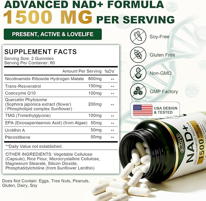 NAD+ Supplement 1500mg, NR NMN Replacement with Resveratrol, Urolithin A, CoQ10 & Quercetin - NAD Plus for Cellular Energy, Healthy Aging & Stamina for Women & Men - 120 Capsules