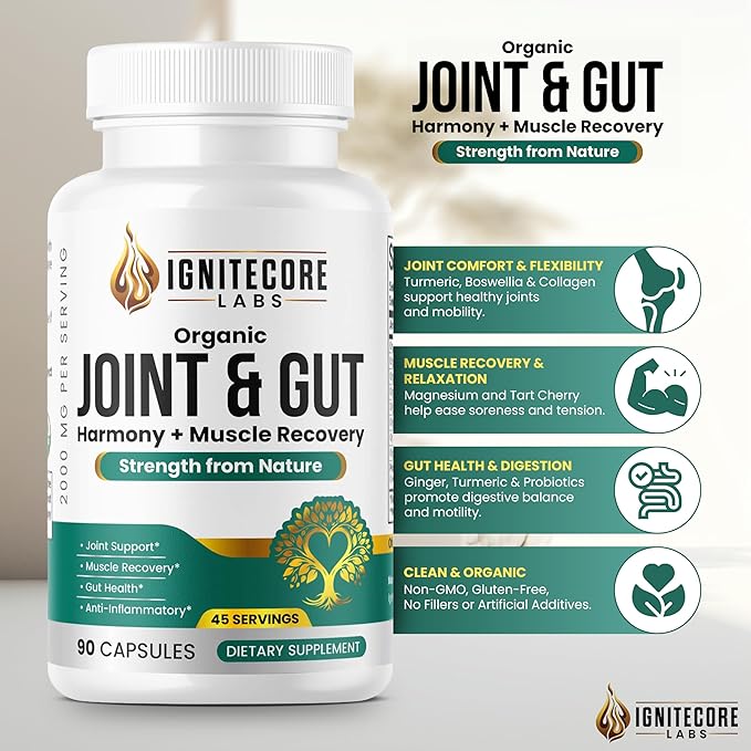 Organic Joint & Gut Harmony – Turmeric Curcumin, Boswellia, Type II Collagen, Tart Cherry, Ginger, Moringa, Probiotics – Joint Comfort, Mobility, Flexibility, Gut Balance, Digestive Support – 2000mg