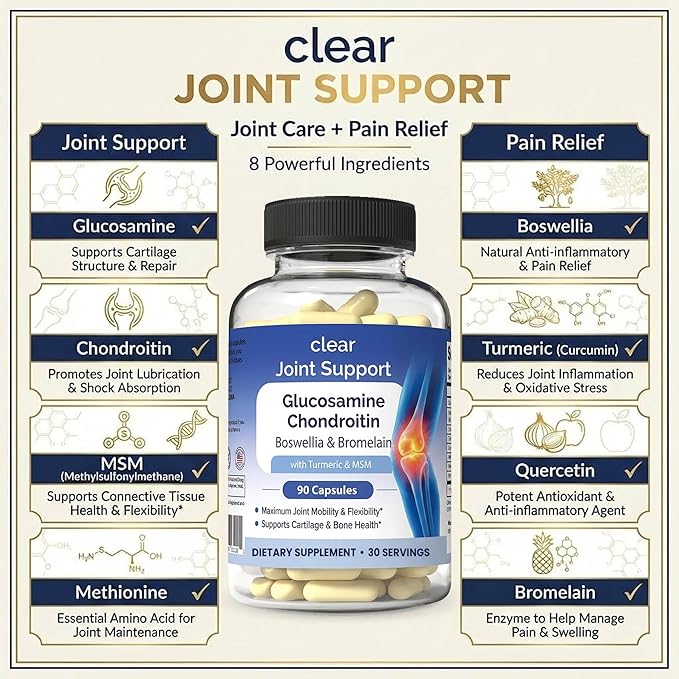 Clear Joint Support - Glucosamine Chondroitin MSM with Turmeric & Boswellia | 8-in-1 Formula | 90 Capsules (30-Day Supply) | Supports Knee, Hip & Back Health | Made in USA