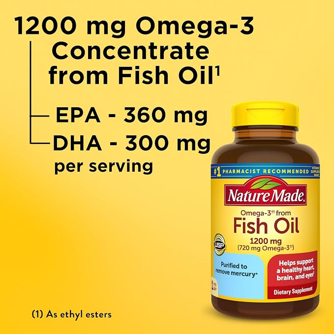 Nature Made Fish Oil Omega 3 Supplements, Omega 3 Fish Oil as Ethyl Esters 1200 mg Softgels, EPA DHA Supplement for Healthy Heart, Brain, Eye Support, One Per Day, 100 Softgels