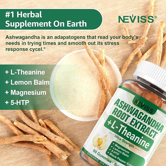NEVISS Ashwagandha Gummies 2000mg, Feel Refreshed, Plus Proprietary Blend with L-Theanine, 5-HTP, Lemon Balm, Magnesium for Calm, Zzzs & Relaxation Support, 120 Count