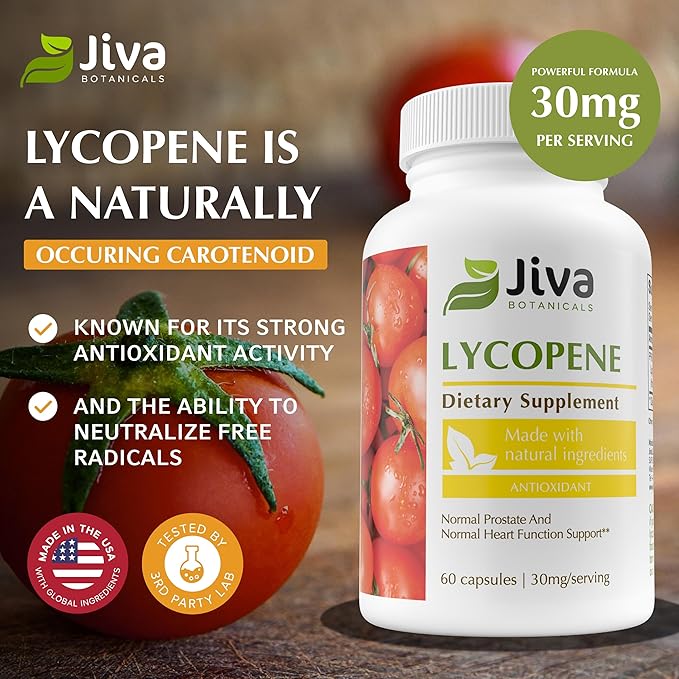 Jiva Botanicals - Lycopene Supplements for Men 30mg - Prostate Health Supplements for Men with Tomato Extract - Prostate, Skin & Antioxidant Lycopene Supplement USA Made, Non GMO, Vegan, 60 Capsules