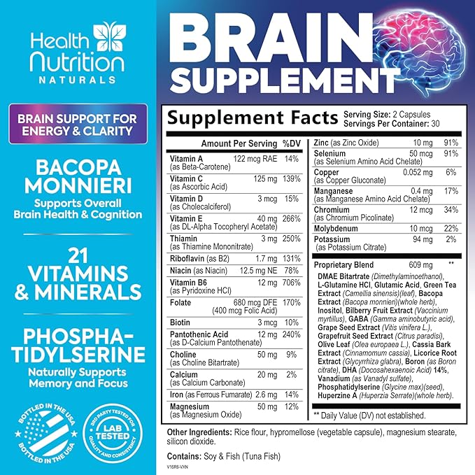 Brain Memory Supplement - 3X Strength Nootropics for Concentration, Clarity & Focus Support - Brain Health Cognitive Vitamins with Bacopa, Phosphatidylserine & DMAE, Brain Booster, 60 Capsules