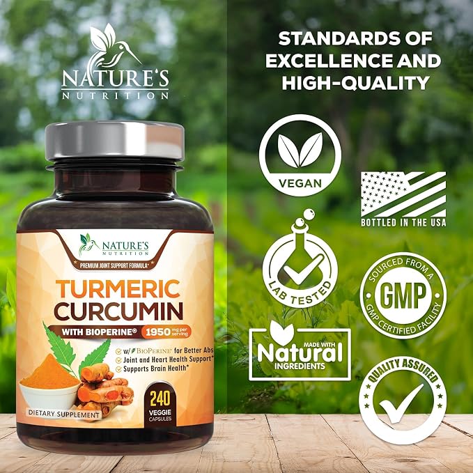 Turmeric Curcumin Supplement - 95% Curcuminoids with Organic Turmeric & BioPerine Black Pepper for Best Absorption - Daily Joint & Immune Health Support, Vegan, Non-GMO, Bottled in USA - 240 Capsules