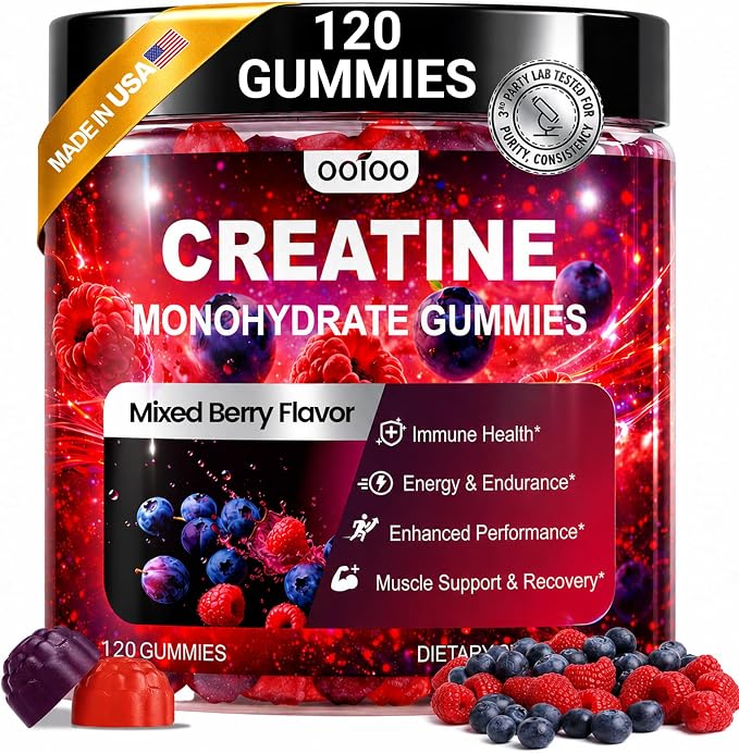 ooioo Creatine Monohydrate Gummies for Men & Women – Boost Focus, Stamina & Muscle Growth – Sugar Free, Vegan, with L-Taurine, BCAA 2:1:1, B12 & B6 – Mixed Berry Flavor – 120 Gummies