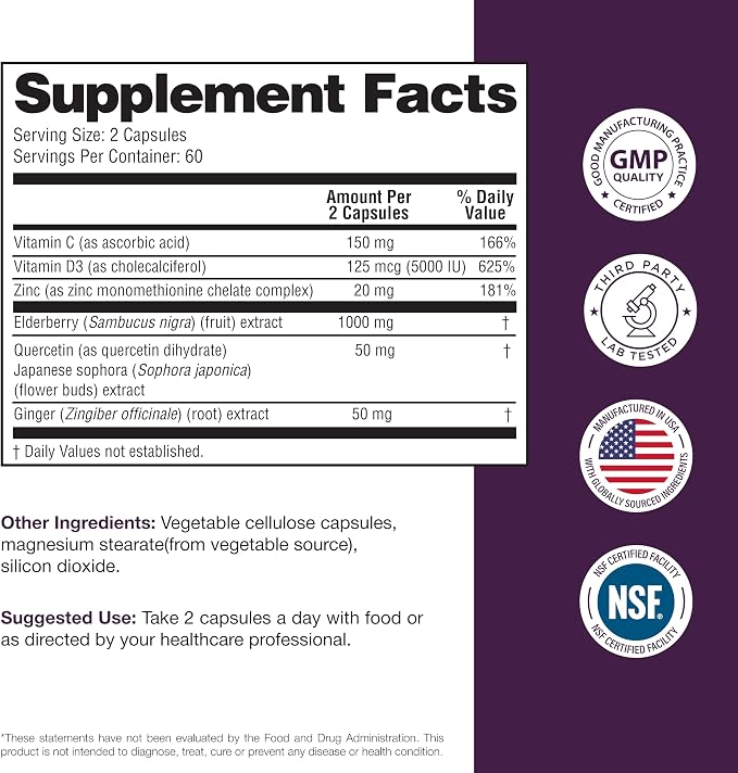 Elderberry Vitamin C and Zinc Capsules with D3 and Quercetin | 6-in-1 Immune Support Supplement Pills for Adults | 120 Count Sambucus Black Elderberry Natural Immunity Vitamins | Made in USA