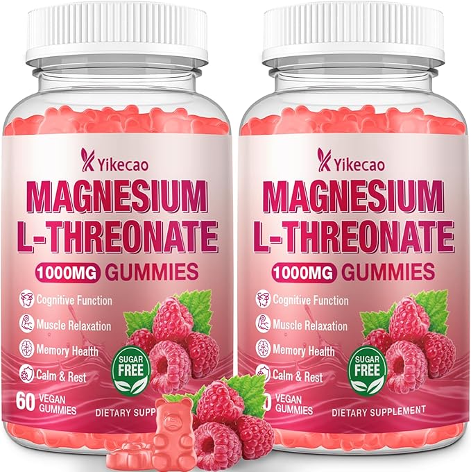 2 Pack Magnesium L-Threonate Gummies 1000mg, Sugar-Free Magnesium Threonate Supplement for Kids & Adults, Nervous & Muscle System Support, Non-GMO, Raspberry Flavor, 120 Count
