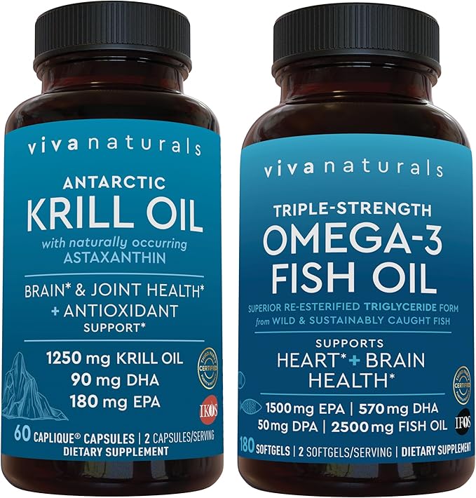 Viva Naturals 1250 mg Antarctic Krill Oil and 2,500 mg Triple-Strength Omega-3 Fish Oil Bundle, Providing Omega-3 EPA and DHA