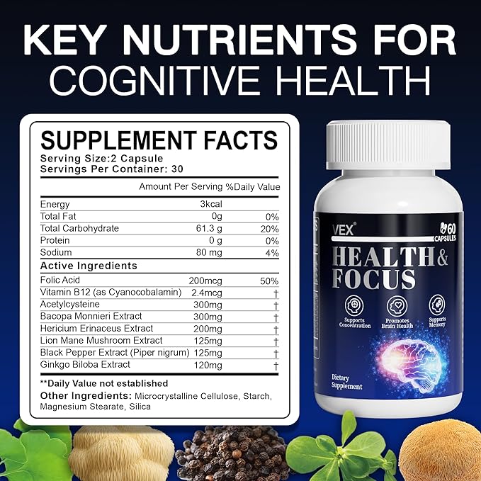 VEX Brain Supplements for Memory and Focus Contain Vitamin B12 folic Acid acetylcysteine Purslane Lion's Mane Mushroom and Ginkgo biloba extracts—for Brain Health 60 Capsules