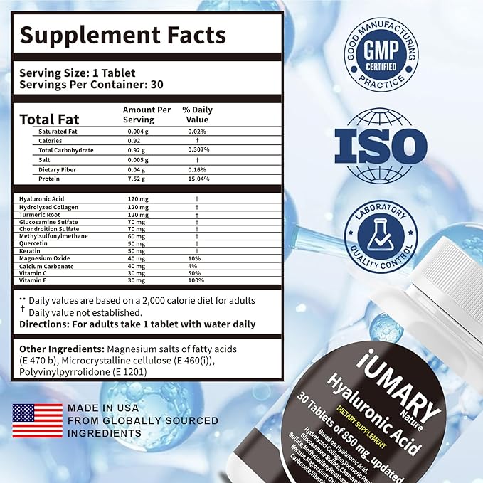 Hyaluronic Acid Supplements, 850mg High Bioavailable Dietary Hyaluronic Acid - Advanced Joint Support with Hydrolyzed Collagen, Turmeric, Glu-cosamine, MSM, Vitamin C – 30 Tablets（Pack of 1）