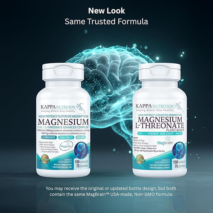 Kappa Nutrition Powered by Magbrain™ Magnesium L-Threonate Plant-Based, 150 Vegan Capsules, 420mg Elemental Magnesium (3 Capsules) from 2,253mg, Brain, Sleep & Muscle Support.