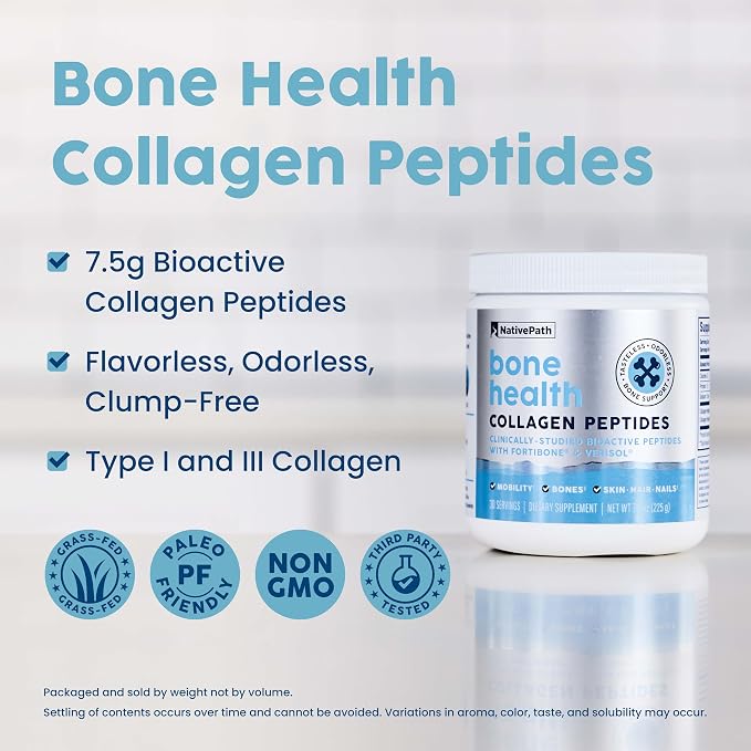 NativePath Bone Health Collagen Peptides, Type 1 & 3, with Fortibone and Verisol, 7.9 Ounce, 30 Servings (Pack of 2)