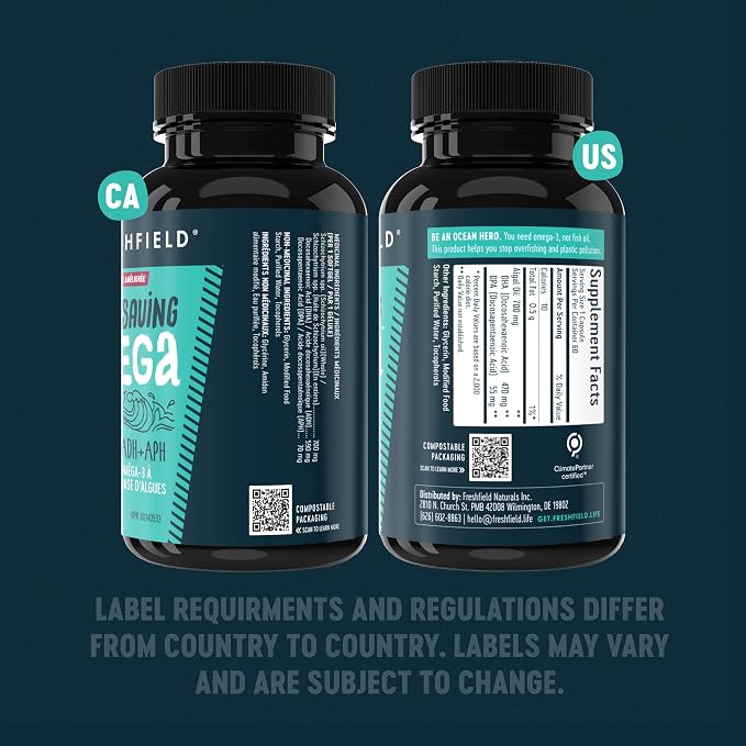 Freshfield Omega 3, DHA Supplements, Potent 1 per Day Formula, Algae (Algal) Oil, Vegan Omega, Ocean Saving Fish Oil Alt, Sustainable, Concentrated DHA per Capsule, w/DPA