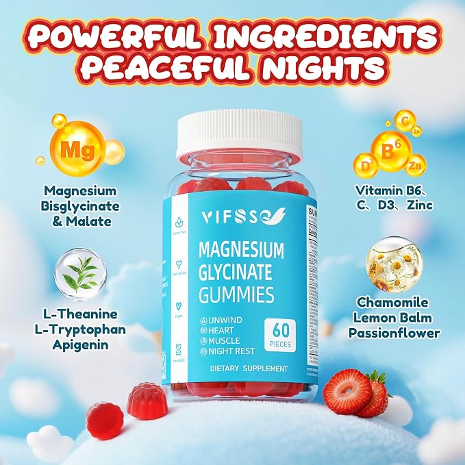 VIFSSG Sugar Free Magnesium Glycinate Gummies 400mg for Adults & 200mg for Kids, Bisglycinate Supplement with L-Theanine, Chamomile, Lemon Balm, Strawberry Flavor, 2-Pack（120 Gummies）