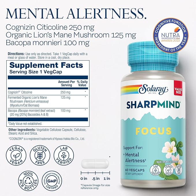 SOLARAY SharpMind Focus, Mental Alertness Nootropic Supplement for Healthy Brain Fog, Cognizin Citicoline, Lions Mane Mushroom, Bacopa Monnieri, 60 Day Money Guarantee, 60 Serv 60 Veg Caps