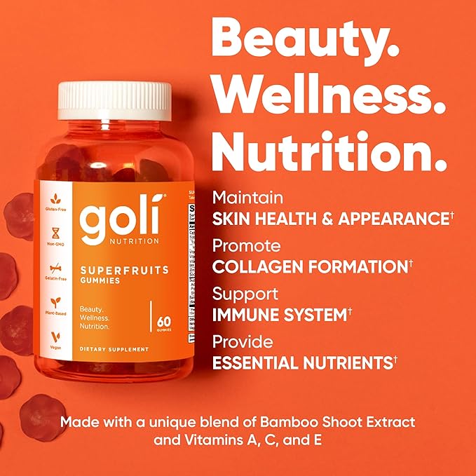 Goli Superfruits Beauty Gummies with Bamboo Silica - Vitamins A, C, E, Zinc - Collagen Support with Superfruit Blend - Vegan, Non-GMO, Gluten-Free, 180 Count (3 Pack)
