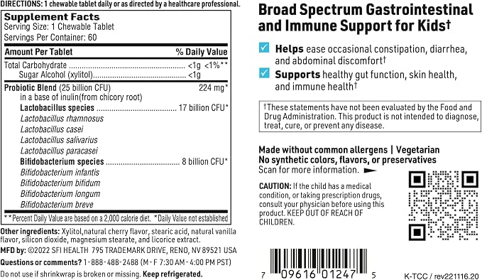 Klaire Labs SFI Health Ther-Biotic Kids Probiotic Chewables - Hypoallergenic Probiotics for Kids - 25 Billion CFU in Prebiotic Inulin - Cherry-Flavored (60 Chewable Tablets)