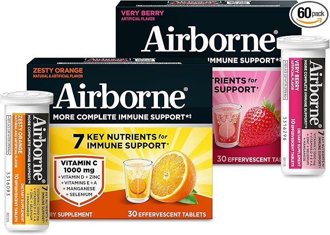 Airborne Variety Pack 1000mg Vitamin C with Vitamin D & Zinc, Sugar Free Multivitamin Immune Support Supplement, Antioxidants Vitamins A C & Vitamin E, 30 Effervescent Tablets, Citrus + Verry Berry