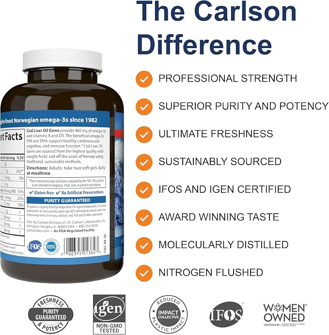 Carlson - Cod Liver Oil Gems, 460 mg Omega-3s, Plus Vitamins A and D3, Wild Caught Norwegian Arctic Cod, Sustainably Sourced Nordic Fish Oil Capsules, Lemon, 150 + 30 Softgels