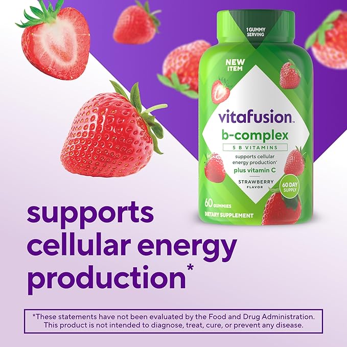 vitafusion B-Complex Gummy Dietary Supplements, with 5 B Vitamins to Support Cellular Energy Production (1), Plus Vitamin C, Strawberry Flavor, 60 Count