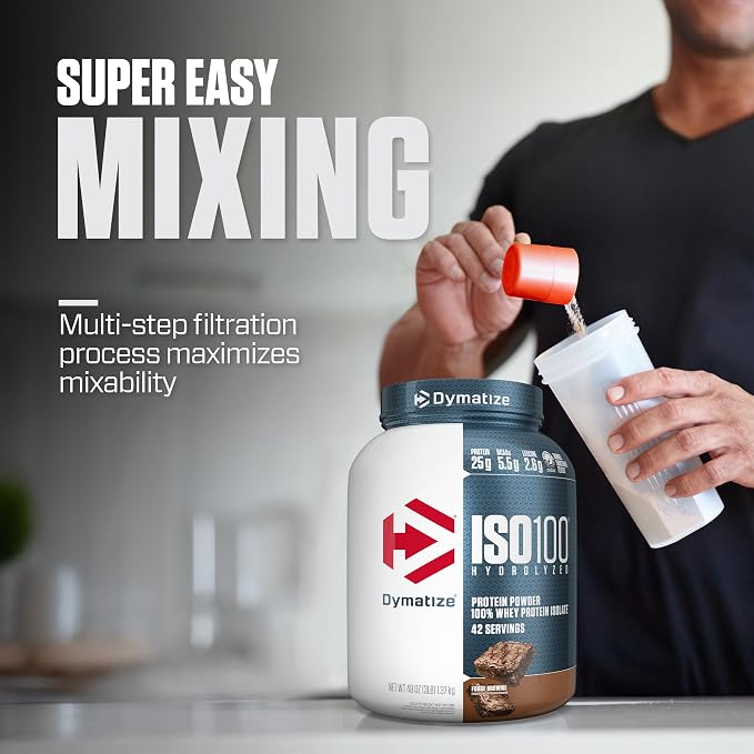 Dymatize ISO100 Whey Protein Powder Isolate, Fudge Brownie, 25g of Protein, 3 Pound, 5.5g BCAAs, Less Than 120 Cal., Gluten Free, 1g Fat, 1g Sugar, 2g Carb (42 Servings)