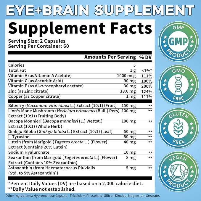 2 Pack Eye + Brain Supplements for Memory and Focus, Lutein 40mg, Zeaxanthin, Astaxanthin, Bilberry, Lion’s Mane, Bacopa Monnieri, Ginkgo Biloba, 14 in 1 Eye Vitamins for Adults & Seniors 240 Capsules