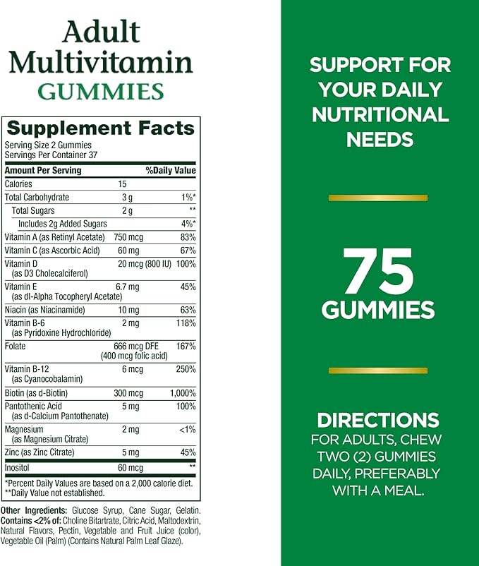 Nature's Bounty Adult Multivitamin Gummies, Vitamin Supplement, Daily Nutritional Needs, Orange, Cherry and Grape Flavor, 75 Gummies (Pack of 3)