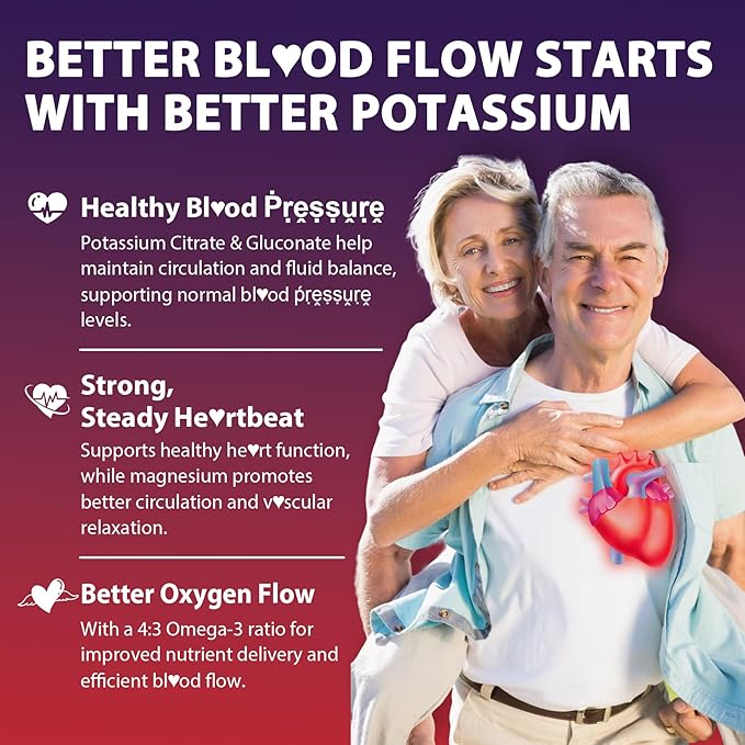 Potassium Citrate and Potassium Gluconate Supplement, 1200mg Two Forms of Potassium Gummies, w/Magnesium, Omega-3, Calcium, Vitamin D3 K2 B12 E B6, Folate for Mṵṣḉḷḙ, Nerves, Health Bones, 60Cts