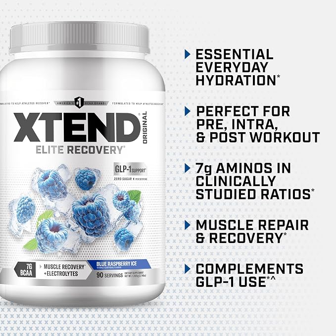 Xtend Original BCAA Powder, 7g BCAAs and 2.5g L-Glutamine for Muscle Recovery Hydration and Lean Muscle, Sugar Free Intra and Post Workout Drink with Electrolytes, Blue Raspberry Ice, 90 Servings