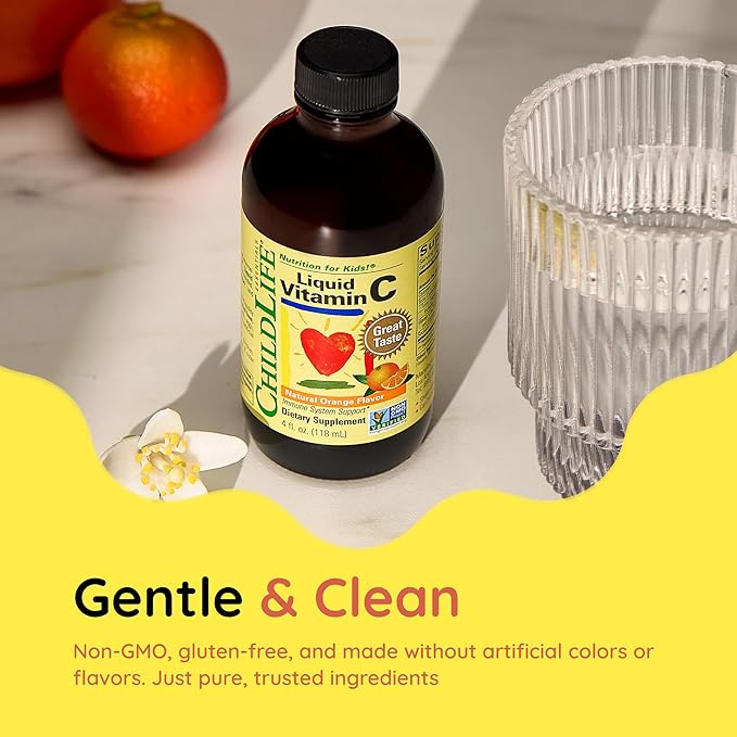 CHILDLIFE ESSENTIALS Liquid Vitamin C - Pure Vitamin C Liquid Supplement for Kids, Immune System Support, Great Taste - Natural Orange Flavor, 4 Fl Oz (Pack of 3)