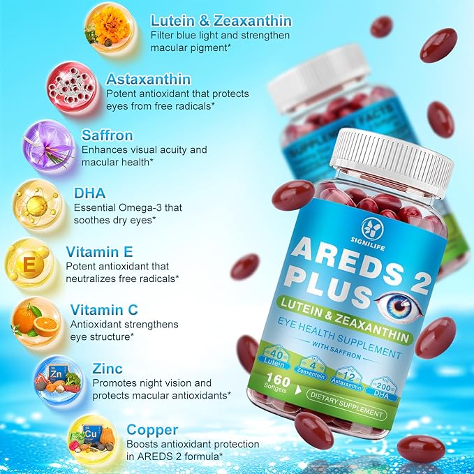 AREDS 2 Plus Eye Vitamins-40mg Lutein and 4mg Zeaxanthin with Astaxanthin 12mg,Vitamins C, E, Saffron & DHA - Eyebright,Blue Light Protection,Eye Health Support-160 Softgels