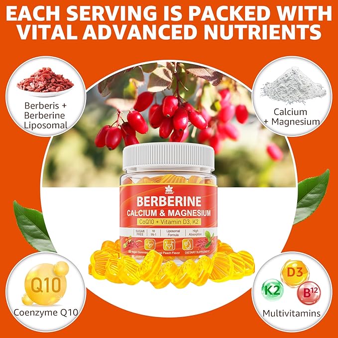 Berberine Gummies Sugar Free, Extra Absorption with Liposomal Berberine & Berberine HCI, Calcium, Magnesium, AMPK Activitor for Sugar & Level, Energy, Metabolism,Vegan, Pack of 1