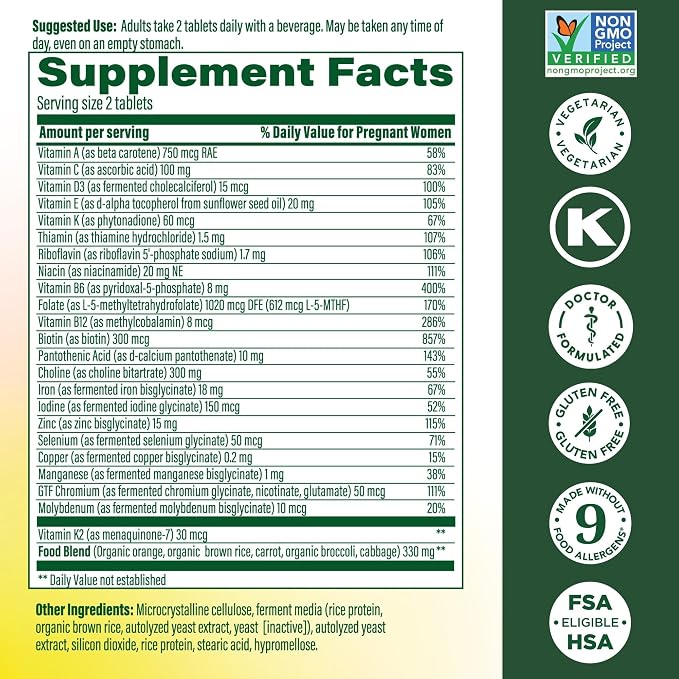 MegaFood Baby & Me 2 Prenatal Vitamin and Minerals - Vitamins for Women - with Folate (Folic Acid Natural Form), Choline, Iron, Iodine, and Vitamin C, Vitamin D and more - 60 Tabs (30 Servings)