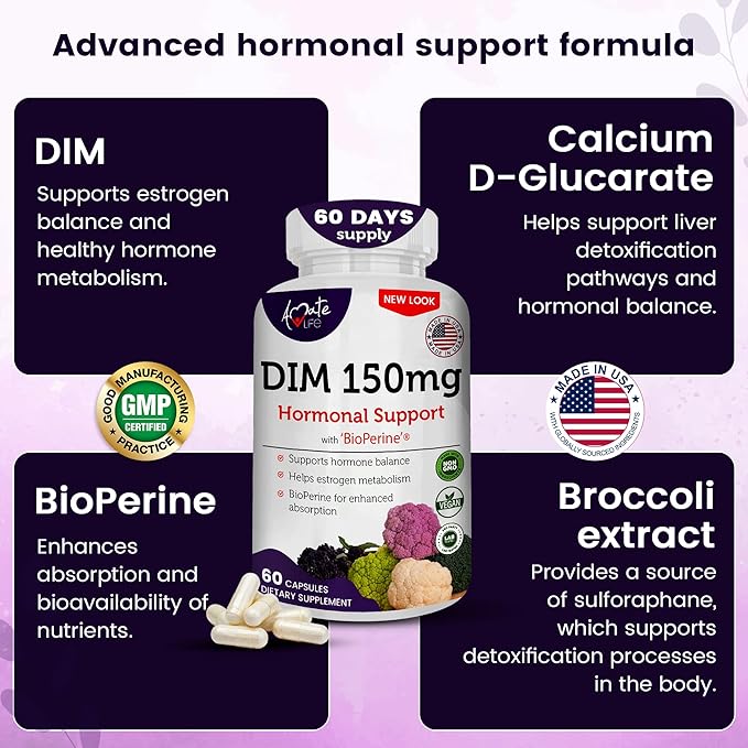 Women’s DIM Complex 150mg - Bioperine Estrogen Balancing Pills for Menopause & Hot Flashes Relief Support Hormonal Acne Powerful Supplement - Pack of 2 (60 Count per Bottle), Made in USA