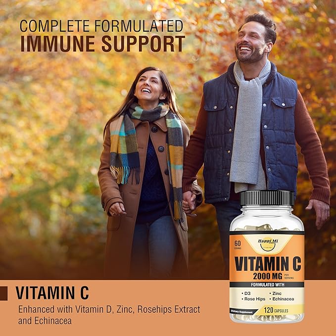Vitamin C 2000mg per Serving with Zinc 40mg & Vitamin D3 5000 IU – Echinacea Extract & Rose Hip – 120 Vegan Capsules, 60 Day Supply, Non-GMO, No Fillers