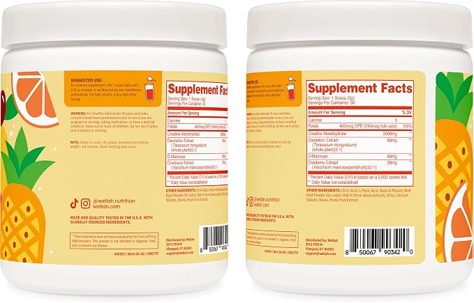 Wellah Creatine for Women - Creatine Monohydrate with Dandelion & Cranberry Extract (50 Servings, Tropical Punch)
