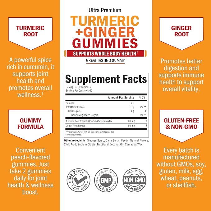 Turmeric Curcumin with Ginger Gummies - Natural Extra Strength Joint Support Supplement, Delicious Peach Flavor Ultra High Absorption Turmeric Supplement Non-GMO, Gluten Free 120 Count