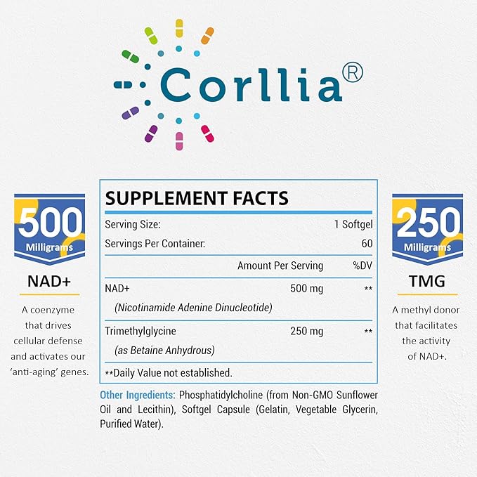 Liposomal NAD+ 500mg with TMG 250mg Softgels, Nicotinamide Riboside Alternative, Actual NAD+ Supplement, 120 Servings