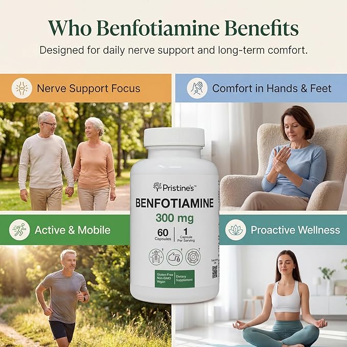 PRISTINE'S Benfotiamine 300mg High Bioavailability Nerve Support Supplement - 60 Day Supply - Fat Soluble Vitamin B1 Supplements - Vegan - Non-GMO