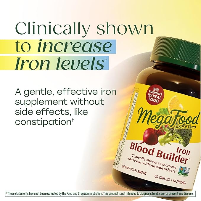 MegaFood Blood Builder Iron Supplement for Women & Men - Increase Iron Levels Without Side Effects - Combats Fatigue - with Vitamin B12, Folic Acid & Vitamin C for Absorption - Vegan - 30 Tablets