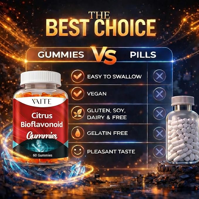VAITE Citrus Bioflavonoid Complex Supplement 1000mg – Antioxidant Properties, Citrus-Derived Bioflavonoids, Sugar-Free Chewable Formula, Non-GMO, Gluten-Free, Soy-Free, Daily Use, 60 Gummies