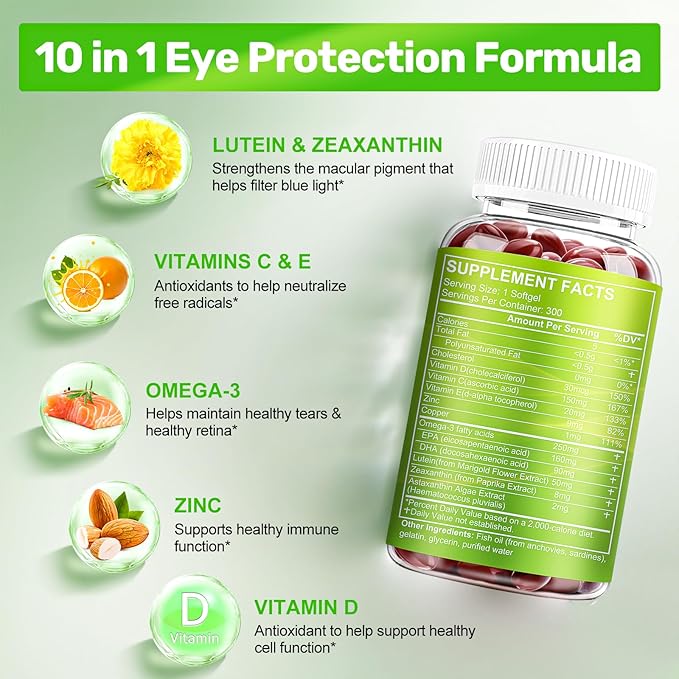 Lutein and Zeaxanthin Supplements, Eye Vitamin & Mineral Supplement, Multivitamin for Vision & Ocular Health with Omega-3, Protect and Enhance Your Eye Health Completely, 300 Softgels