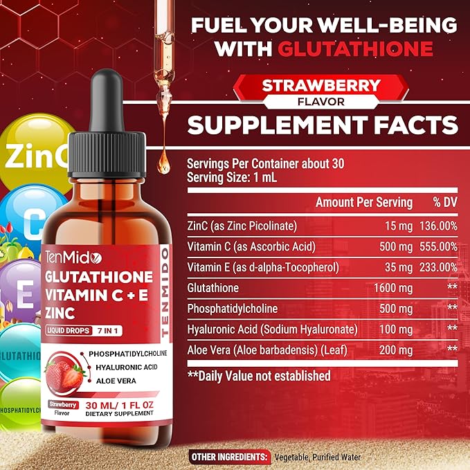 Liposomal Glutathione Supplement - 7in1 Liquid Drops with Zinc, Vitamin C, Vitamin E, Phosphatidylcholine, Hyaluronic Acid, and Aloe Vera - Vegan, Non-GMO - 30ml 1 Fl Oz