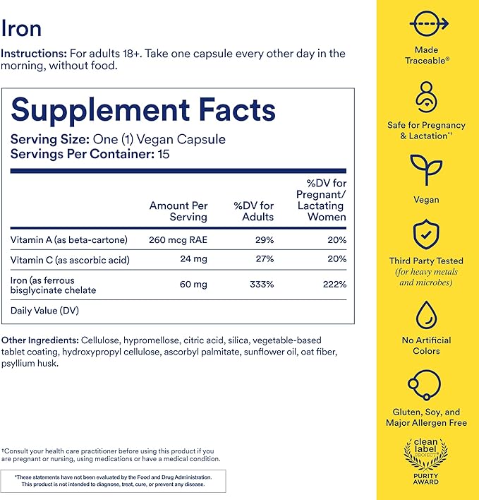Ritual Iron Bisglycinate Supplement - 60mg - Gentle Support for Women with Low Iron Levels & Blood Boosting** - 48-Hour Dosing Routine - Plus Vitamin A, C - Vegan - Citrus - 15 Capsules - 15 Servings