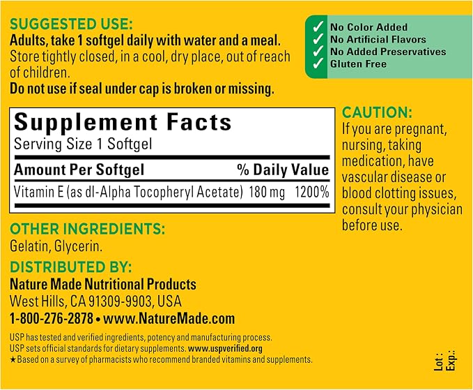 Nature Made Vitamin E 180 mg (400 IU) dl-Alpha, Dietary Supplement for Antioxidant and Skin Support, 180 Softgels, 180 Day Supply