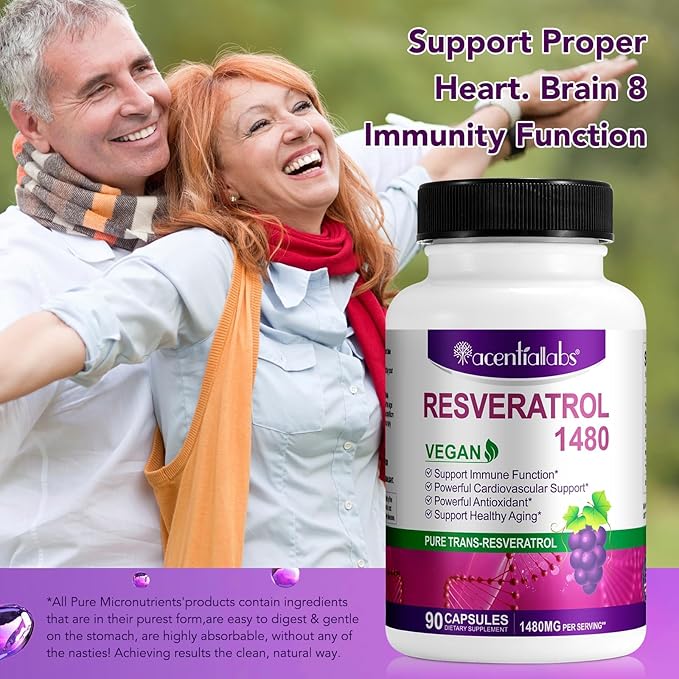 100% Natural Resveratrol - 1480mg Per Serving, 90 Veggie Capsules, 99% Pure Trans-Resveratrol, Antioxidant for Healthy Aging, Brain & Heart Support