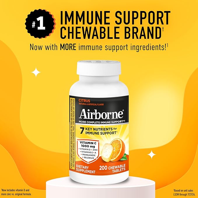 Airborne Citrus Chewable Tablets, 200ct | Immune Support Supplement with 1000mg Vitamin C + Vitamins A, D, E, Zinc,Selenium, & Manganese | Herbal Blend | Gluten Free