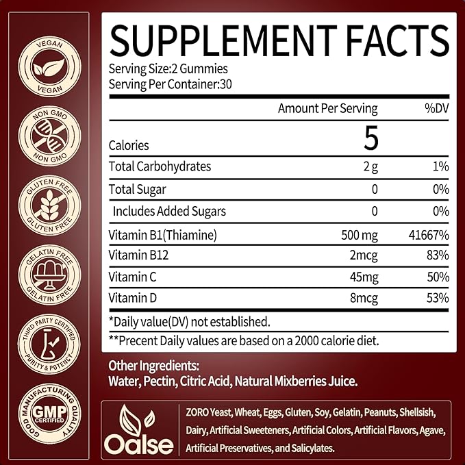 Thiamine Vitamin B1 Gummies - 500g Vegan Sugar Free Thiamine Supplement, with Natural Mixed Berries Flavor for Adults & Kids (60 Counts) Focus Supplement